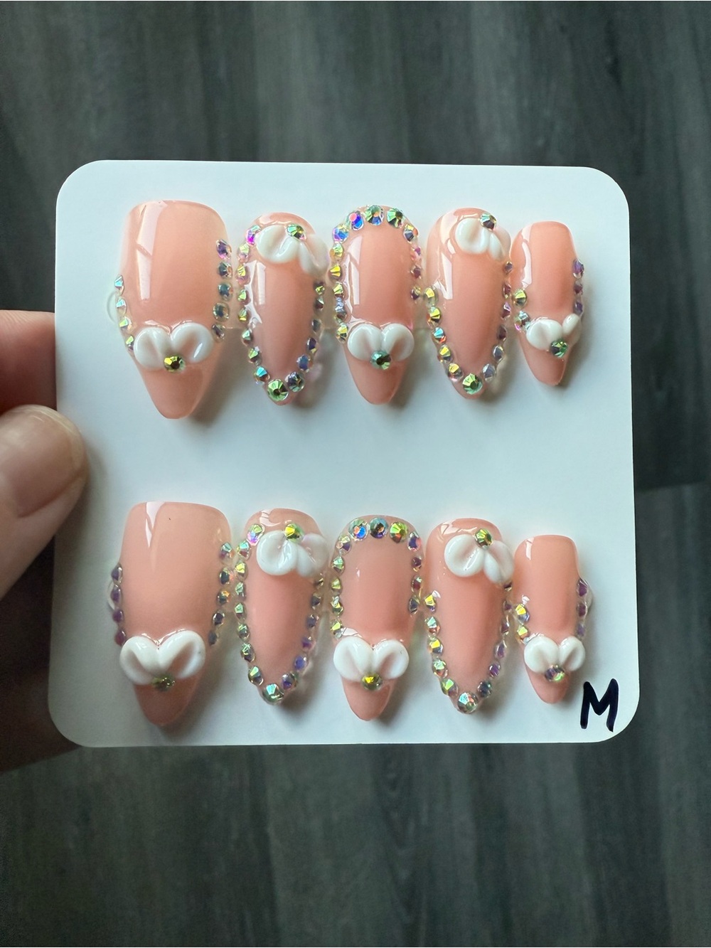 Nude Peach Floral 3D Rhinestone Press-On Nails - Picture 2 of 2